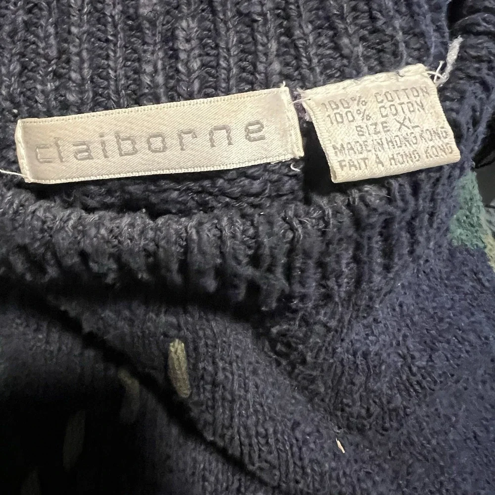 Vintage Claiborne Sweater Mens XL Navy Green Purple‎ Cotton Argyle Crewneck 90s